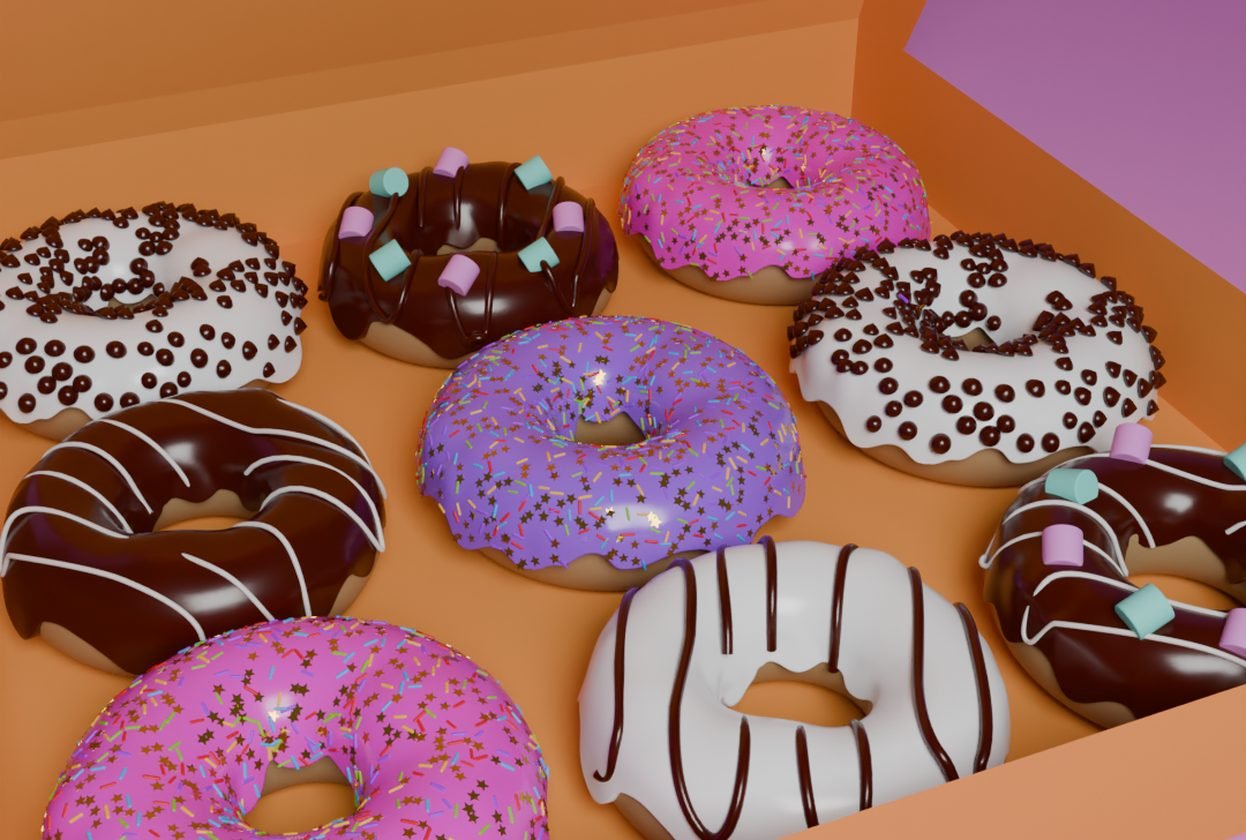 Caja de donas con glaseados de colores, renderizada en 3D