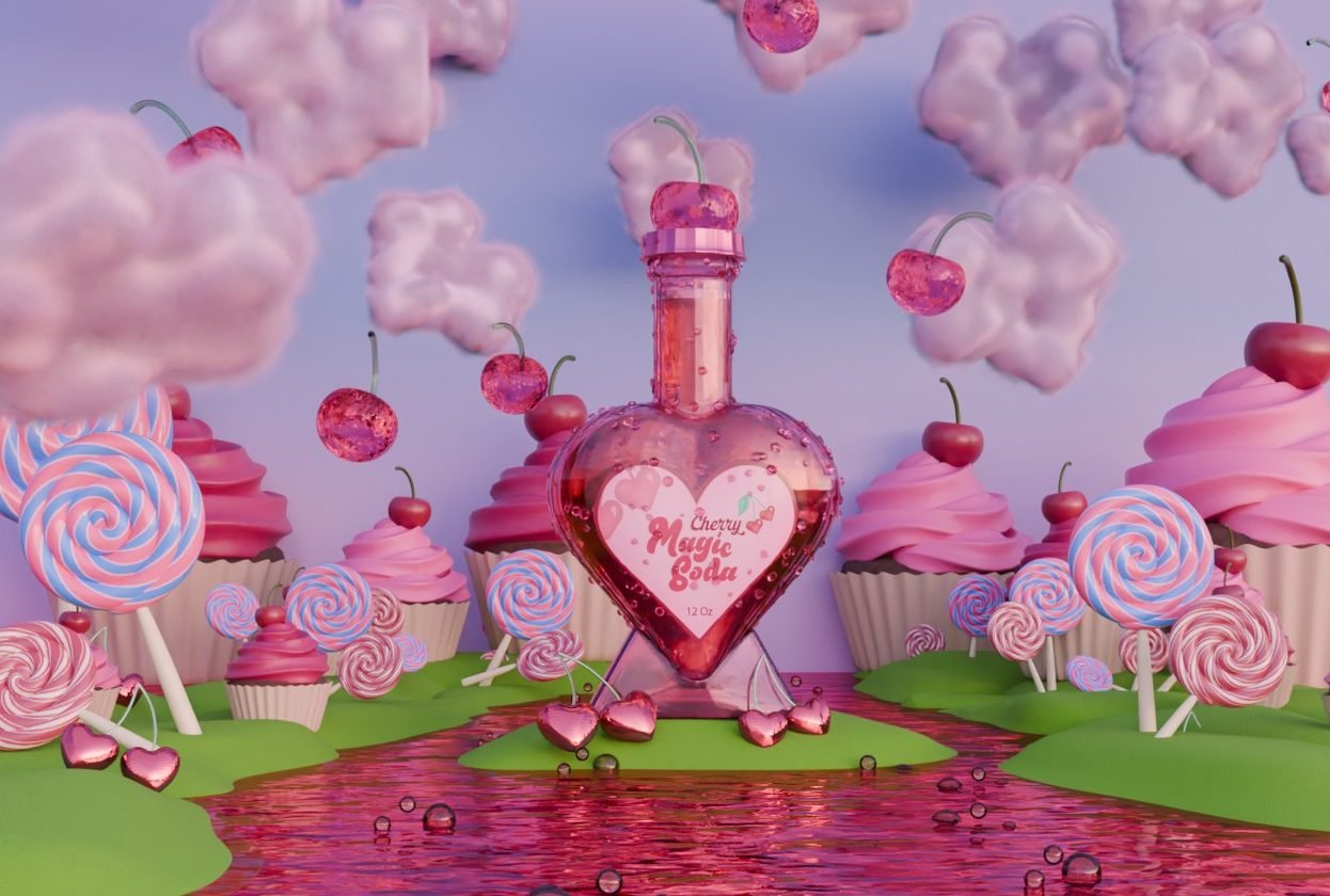Botella de soda en forma de corazón en un paisaje de dulces, renderizada en 3D