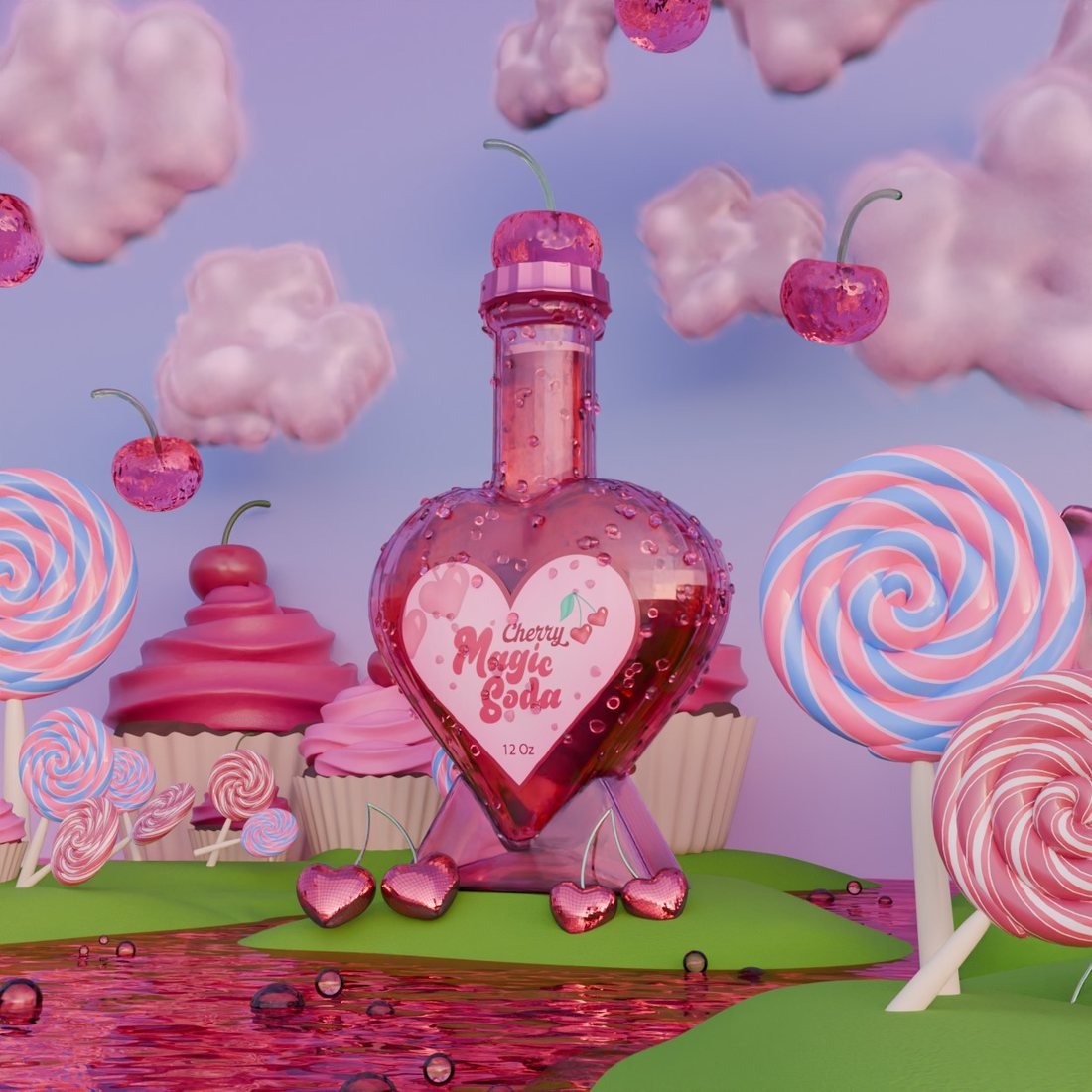 Botella de soda en forma de corazón en un paisaje de cupcakes y paletas, renderizada en 3D