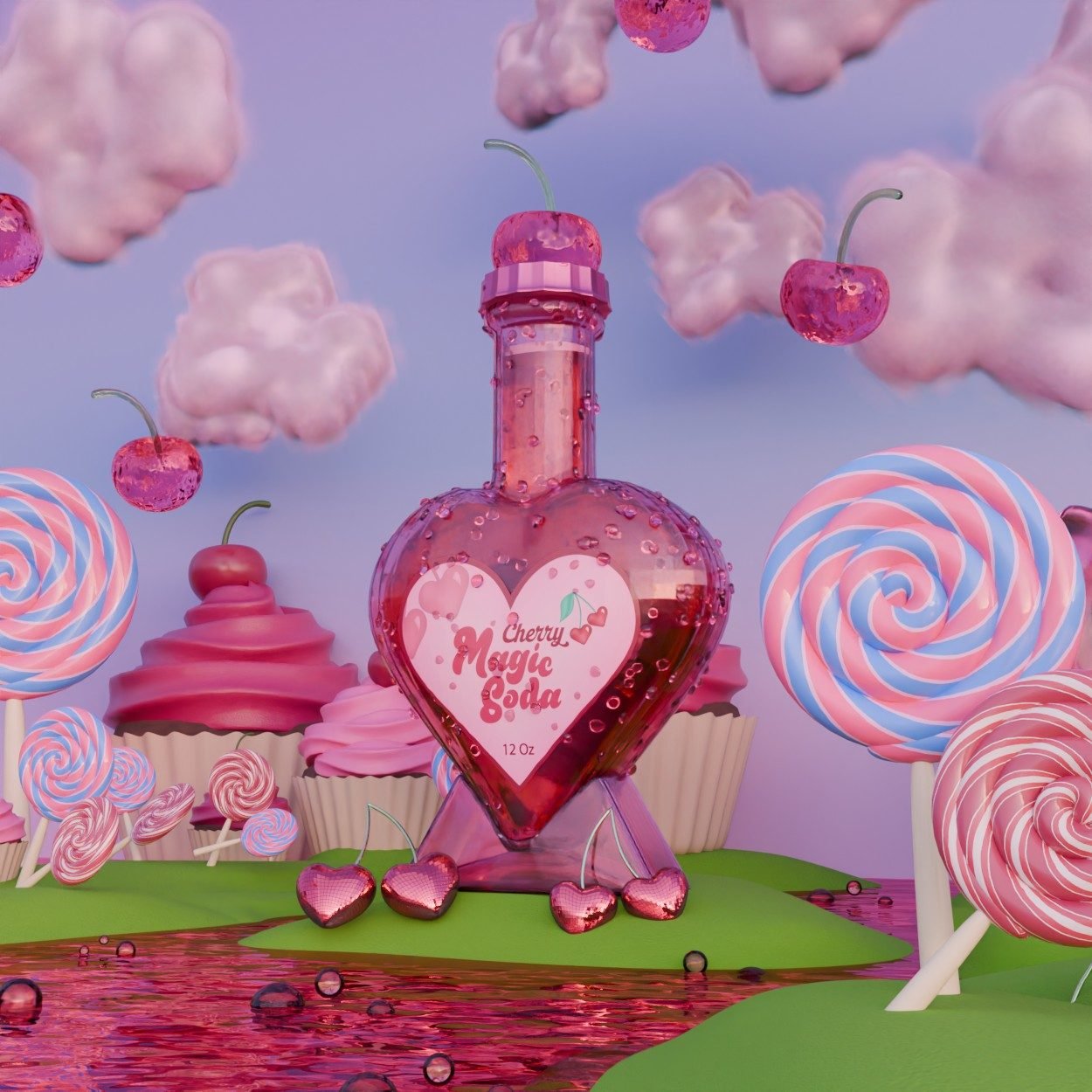 Botella de soda en forma de corazón con cerezas y paletas, renderizada en 3D
